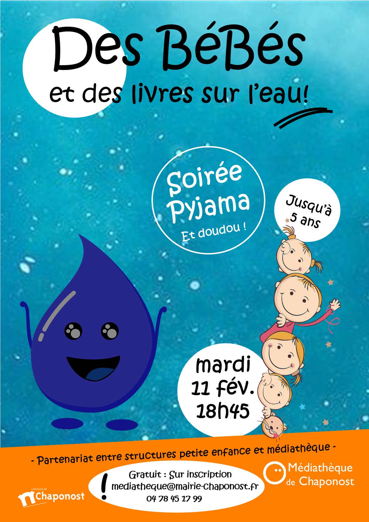 Affiche de la soirée pyjama sur la thématique de l'eau